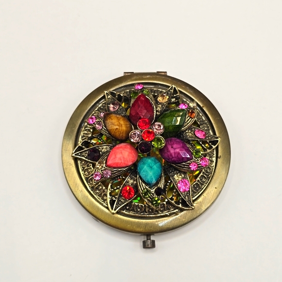 Jeweled Colorful Rhinestone Cabochons Ornate Brass Mirror Compact - Picture 1 of 13